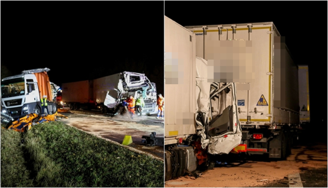 Germania. Șofer român de TIR, implicat într-un groaznic accident cu trei camioane pe A7: Trei victime. FOTO: capturi osthessen-news.de