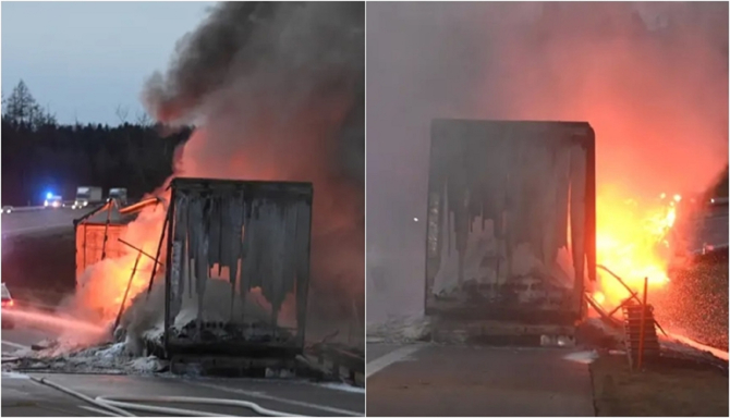 Germania. Clipe de coșmar pentru un șofer român de TIR: Camionul i-a luat foc. Incendiu de proporții pe autostradă. FOTO: colaj capturi augsburger-allgemeine.de