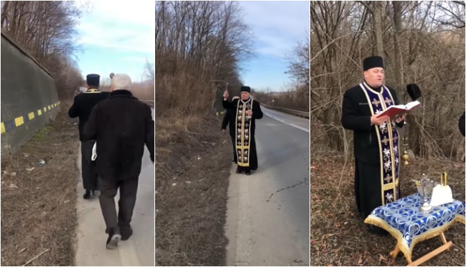 Imagini virale cu un preot care sfințește „curba morții” de pe DN11 - VIDEO