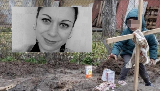 Bucha, Ucraina. Un băiețel duce conserve cu mâncare la mormântul mamei sale. Marina a murit în fața celor trei copii ai ei. FOTO: colaj capturi Observator