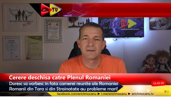 Erich Mocanu, cerere deschisă către Plenul României: „Doresc să vorbesc în fața camerei reunite a României”