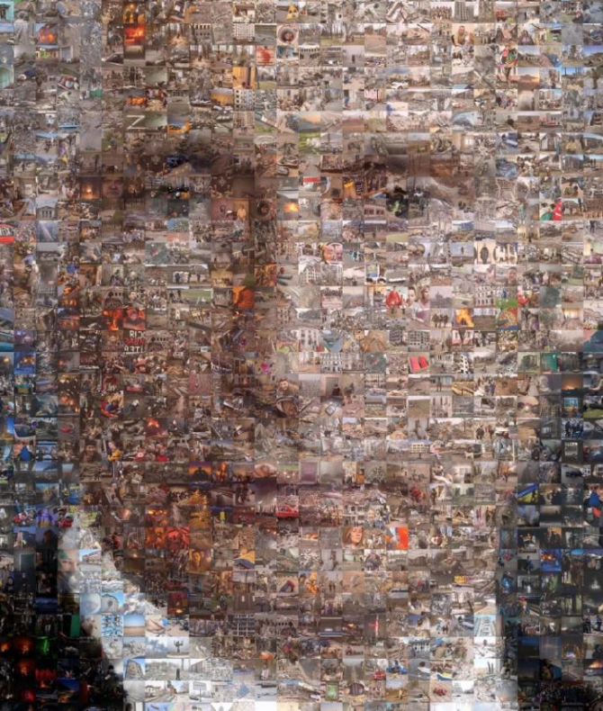 Portretul lui Putin, creat de un artist belarus din fotografiile războiului din Ucraina Durere,  moarte,  crime, inumanitate