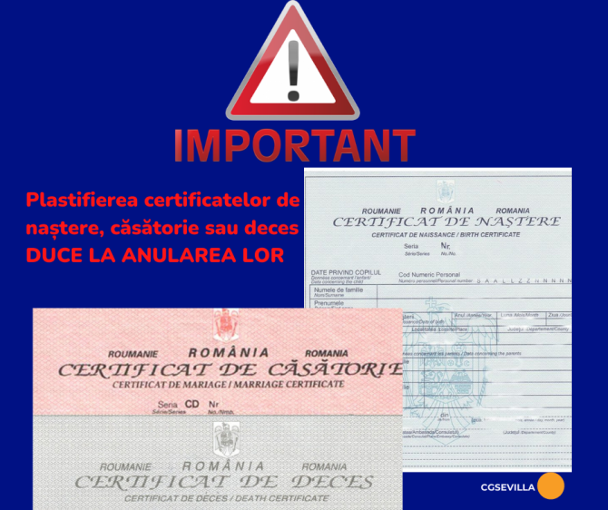 Plastifierea certificatelor de naștere, căsătorie sau deces duce la anularea lor, avertizează Consulatul României la Sevilla