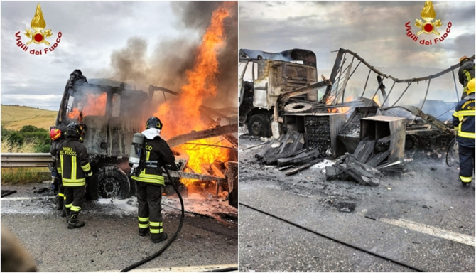Clipe de groază trăite de un șofer român de TIR în Italia: Camionul plin cu baterii a luat foc - FOTO mandamentonotizie.it