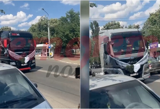 Doi șoferi români de camion au mers cu TIR-urile să se căsătorească. Nașii lor sunt tot transportatori - VIDEO