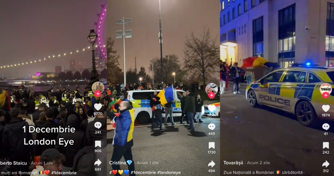 Sute de români, haos de 1 Decembrie la Londra. Claudia Guțulescu: „Au început să înjure poliția în microfoane. Ca niște sălbatici” / Foto: Tiktok