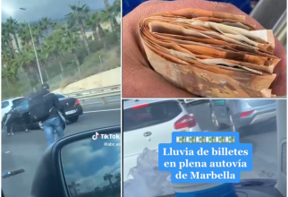 Șoferii au coborât din mașini și au adunat bancnotele de 50 de euro care "zburau" pe șosea (Sursa foto: captura Youtube și Instagram) 