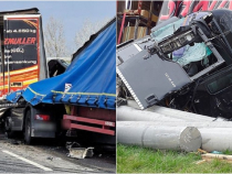 Ungaria. Sfârșit cumplit pentru un șofer român de TIR: Stâlpii de beton pe care-i transporta au smuls cabina de pe șasiu, în urma impactului cu un camion - FOTO