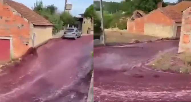 Peisaj de vis pentru iubitorii de vin: Două rezervoare ale unei distilerii au explodat, ceea ce a dus la formarea unui râu de vin roșu - VIDEO / Foto: Tiktok