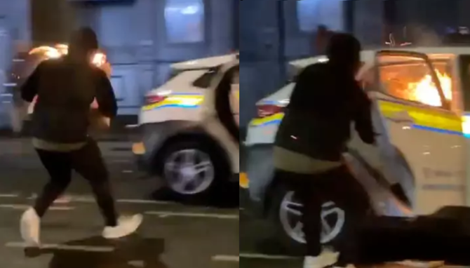 Atacul unei femei și a trei copii, a dus la o încăierare de proporții în Dublin: O cutie în flăcări a fost aruncată în mașina de poliție / Foto: X